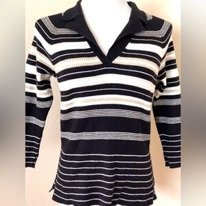 Sweater top V neck top black white ribbed knit sweater striped sweater top